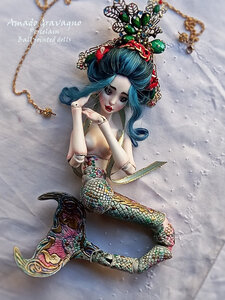 Porcelain Bjd Viridian Art Nouveau Mermaid Geisha Ball Jointed Doll