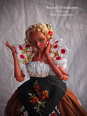 Ooak Porcelain Ball Jointed Doll, Tan Malena, Embroidered Dirndl Costume